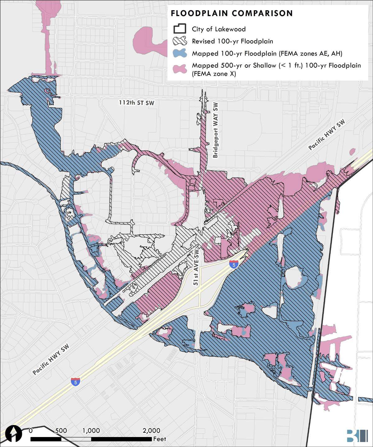 Lakewood has updated floodplain maps to include Interstate 5 and nearby neighborhoods of Springbrook and Hillside. The pink areas are new additions to the floodplain, and some areas within the blue would be inundated deeper than previously estimated.