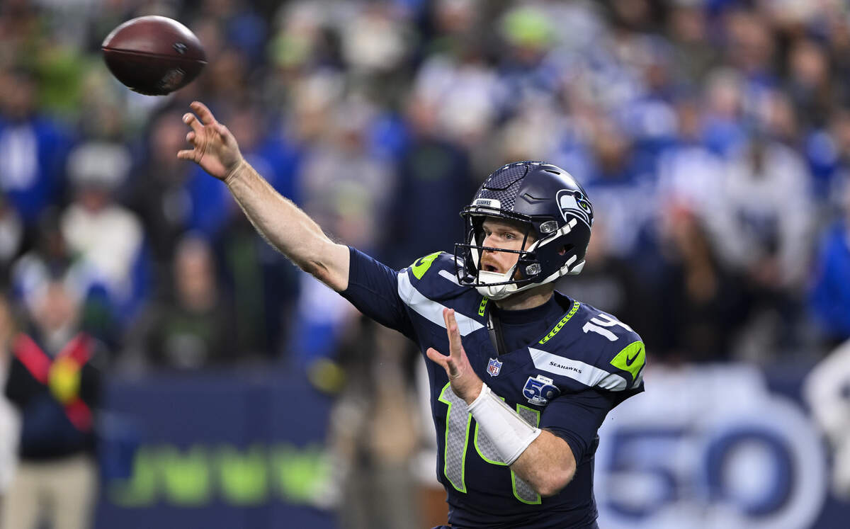 Seattle Seahawks quarterback Sam Darnold (14) throws during the fourth quarter of the game against the Indianapolis Colts at Lumen Field, on Sunday, Dec. 14, 2025, in Seattle.