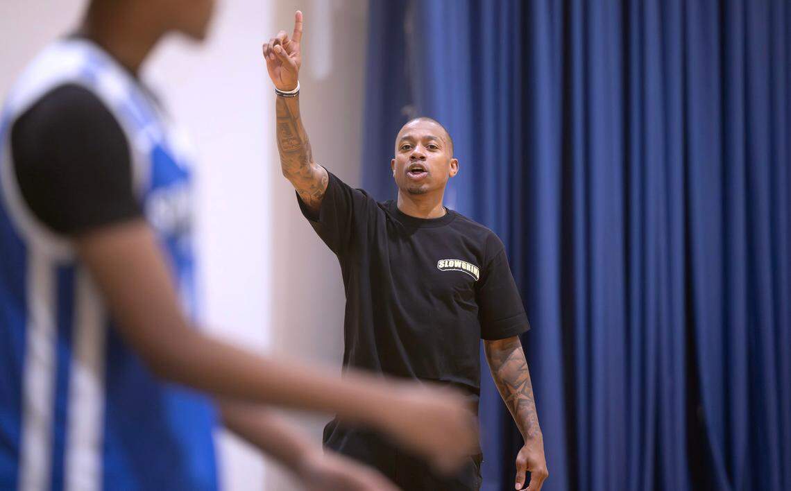 NBA All-Star guard and Tacoma native Isaiah Thomas works with players during team media day and practice with his Slow Grind Elite AAU basketball teams at the Al Davies Boys & Girls Club in Tacoma, Washington, on Saturday, Nov. 9, 2024.