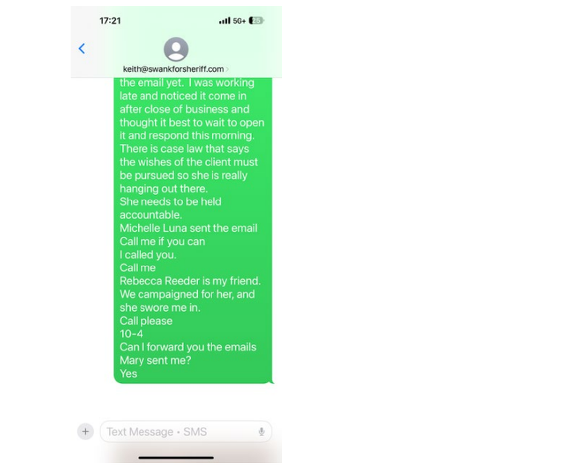 One screenshot Pierce County Sheriff Keith Swank submitted to a public records officer Sept. 15, 2025, is missing texts he sent to a private attorney where Swank used a vulgarity to refer to prosecutors. Although the messages show texts sent by the attorney and Swank, his screenshots did not differentiate between the sender and receiver.