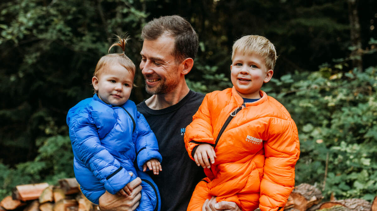 Tavis Malcolm, founder of Morrison Outdoors, with his kids, Morrison (right) and Leona.