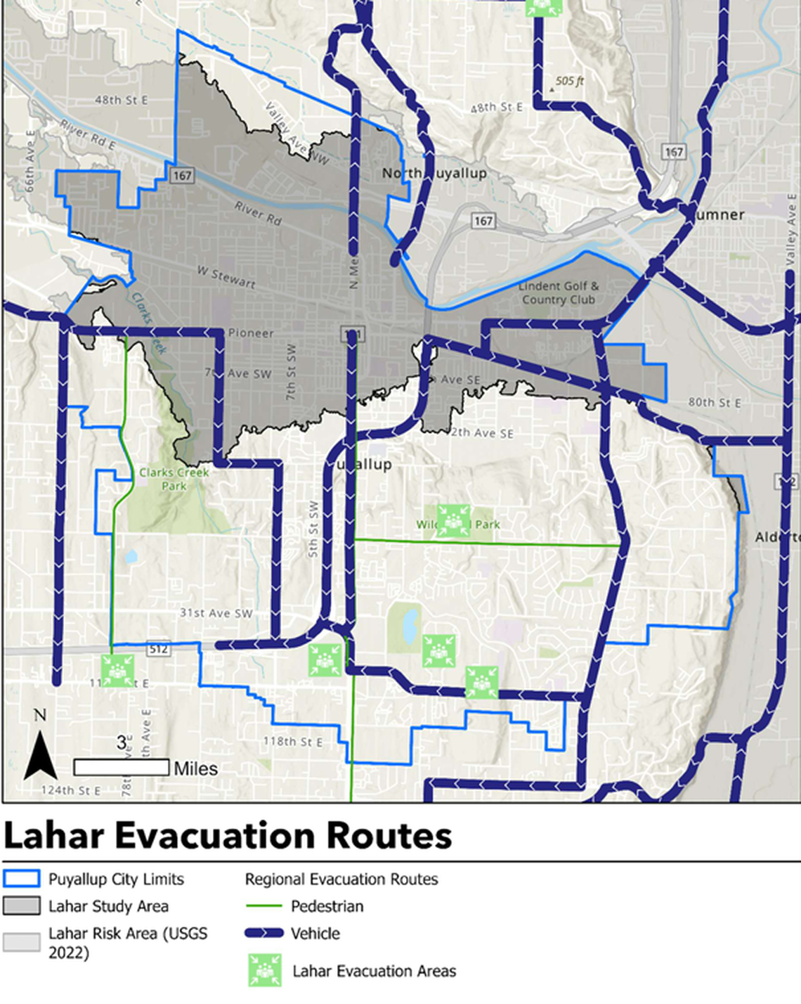 A map from the report shows evacuation routes within city limits, both on foot and by car. Hofmann told The News Tribune most people will have to escape on foot because the roads will become very congested, very quickly.