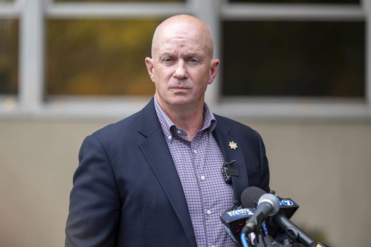 Pierce County Sheriff Keith Swank at a news conference on Thursday, Oct. 23, 2025, in Tacoma. 