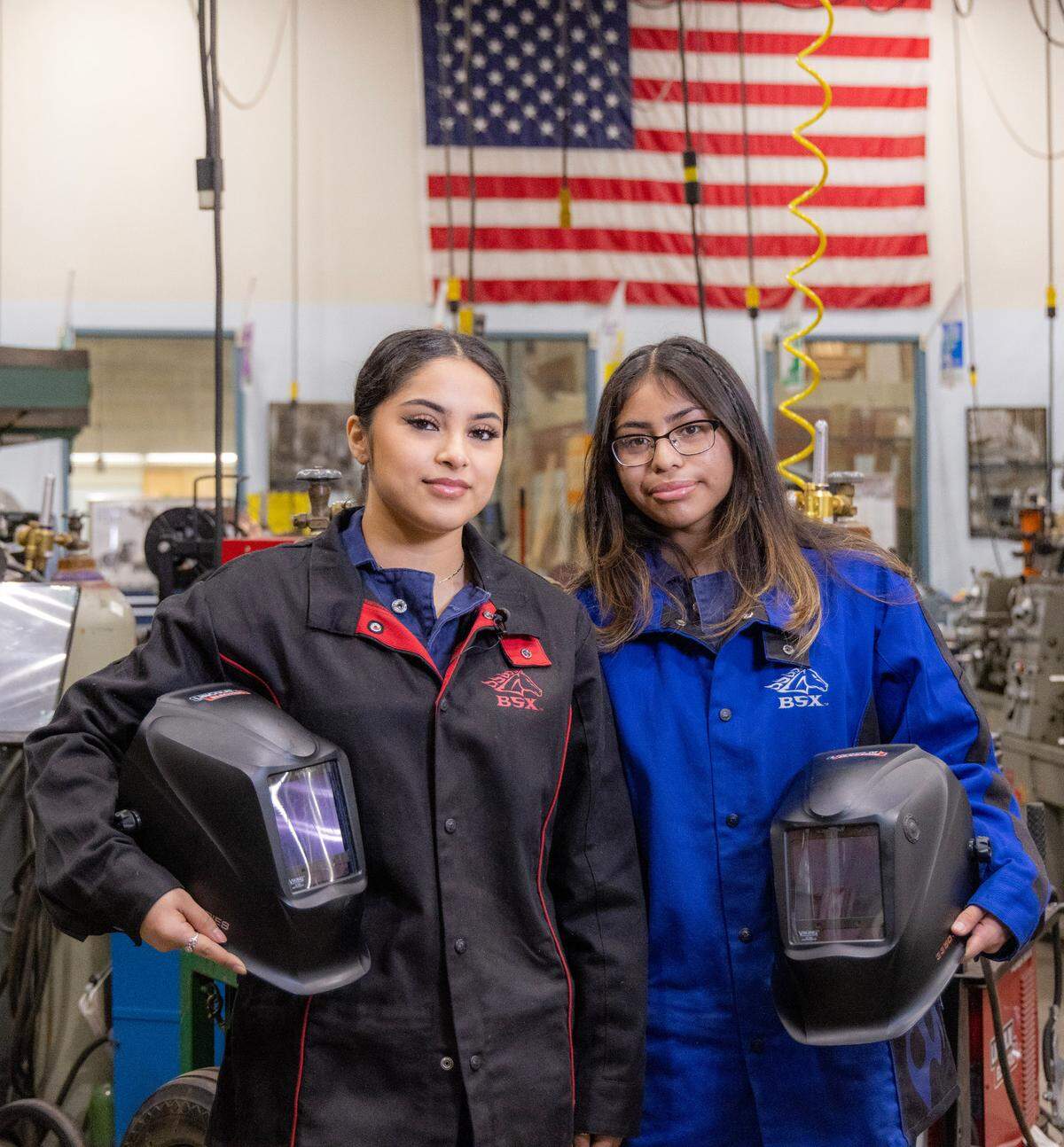 Lincoln high school students in welding shop.