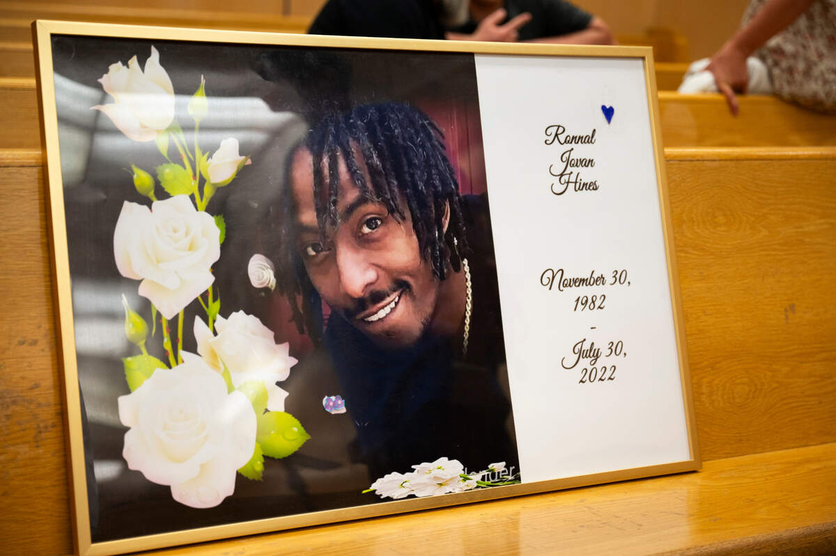 A photo of Ronnal Hines is displayed in a pew after the sentencing of Malik Patterson, 27, and Taushelle Ellis-Dorsey, 26, for second-degree murder in the July 30, 2022 fatal shooting of Hines, at Pierce County Superior Court on Friday, Aug. 9, 2024, in Tacoma, Wash.