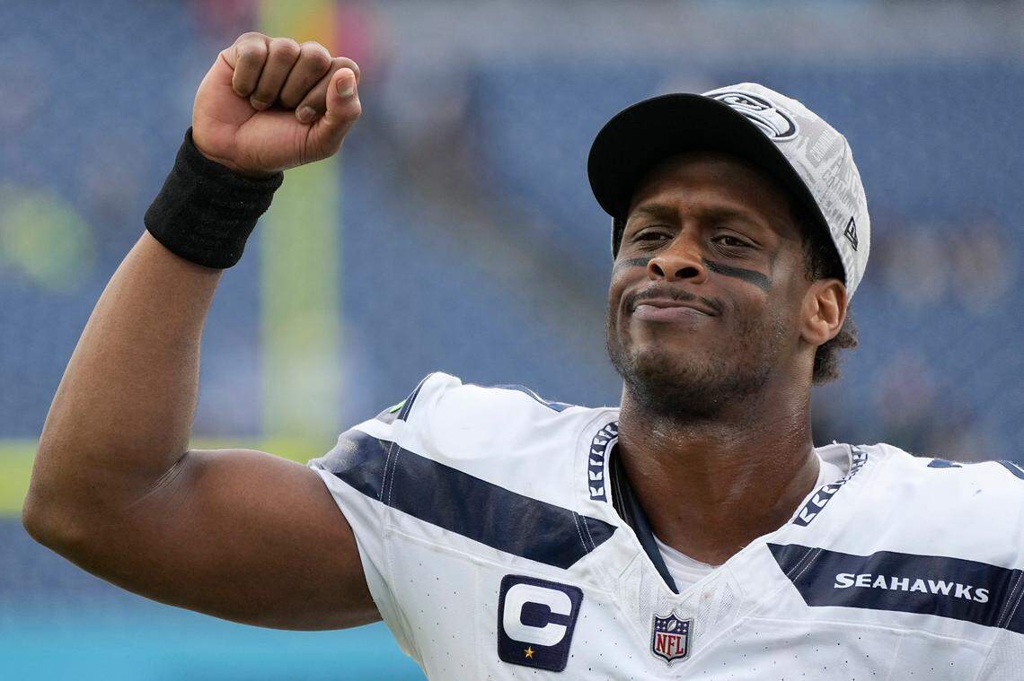 Seattle Seahawks quarterback Geno Smith celebrates after the Seahawks defeated the Tennessee Titans in an NFL football game on Sunday, Dec. 24, 2023, in Nashville, Tenn. (AP Photo/George Walker IV)