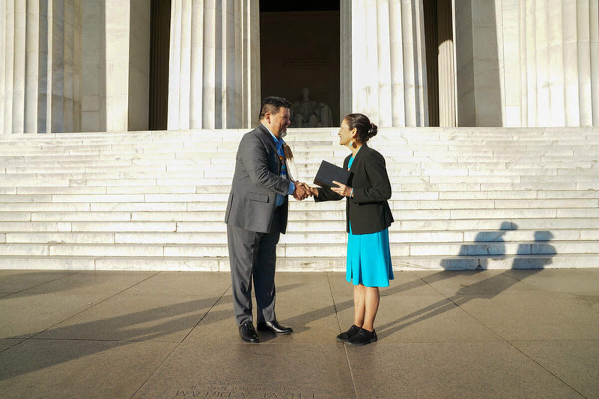 Interior Secretary Deb Haaland swears in Charles F. “Chuck” Sams III as director of the National Park Service Thursday, Dec. 16, 2021. in Washington, D.C. Sams is the first Tribal citizen to serve as National Parks Service Director and the first Senate-confirmed National Park Service director since Obama’s presidency.