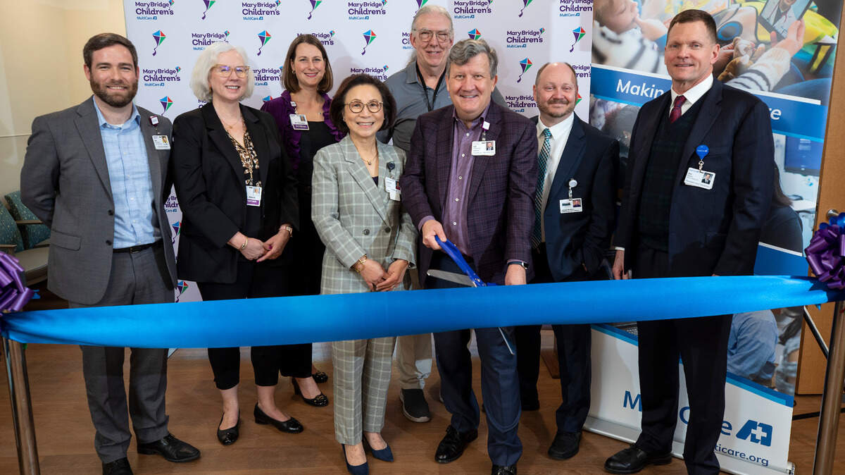 Ribbon cutting for the new Puyallup Medical Pavilion in Puyallup, was held March 21. (From left) Ben Whitworth, chief operating officer, Mary Bridge Children’s Hospital & Health Network; Christine Bozich, medical director, Mary Bridge Children’s Urgent Care; Barbara Thompson, chief medical officer, Mary Bridge Children’s Health Network; Florence Chang, president, MultiCare Health System; Cal Kierum, pediatrician, Woodcreek Pediatrics; Jeff Poltawsky, president and market leader, Mary Bridge Children’s Hospital & Health Network; James Hudson, CEO, Woodcreek Pediatrics; Jim Beatty, president, MultiCare Good Samaritan Hospital.