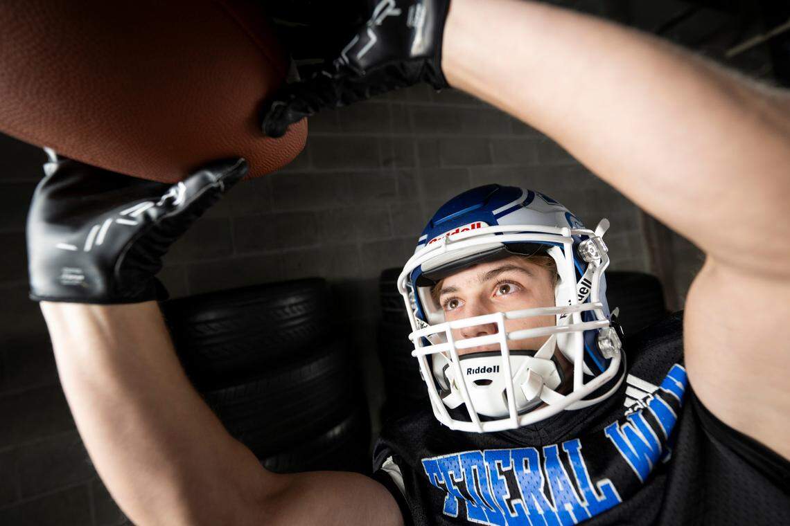 The News Tribune 2024 All-Area first-team reciever selection Austin May, Federal Way, poses for a portrait at Mount Tahoma High School, on Sunday, Dec. 8, 2024, in Tacoma, Wash.