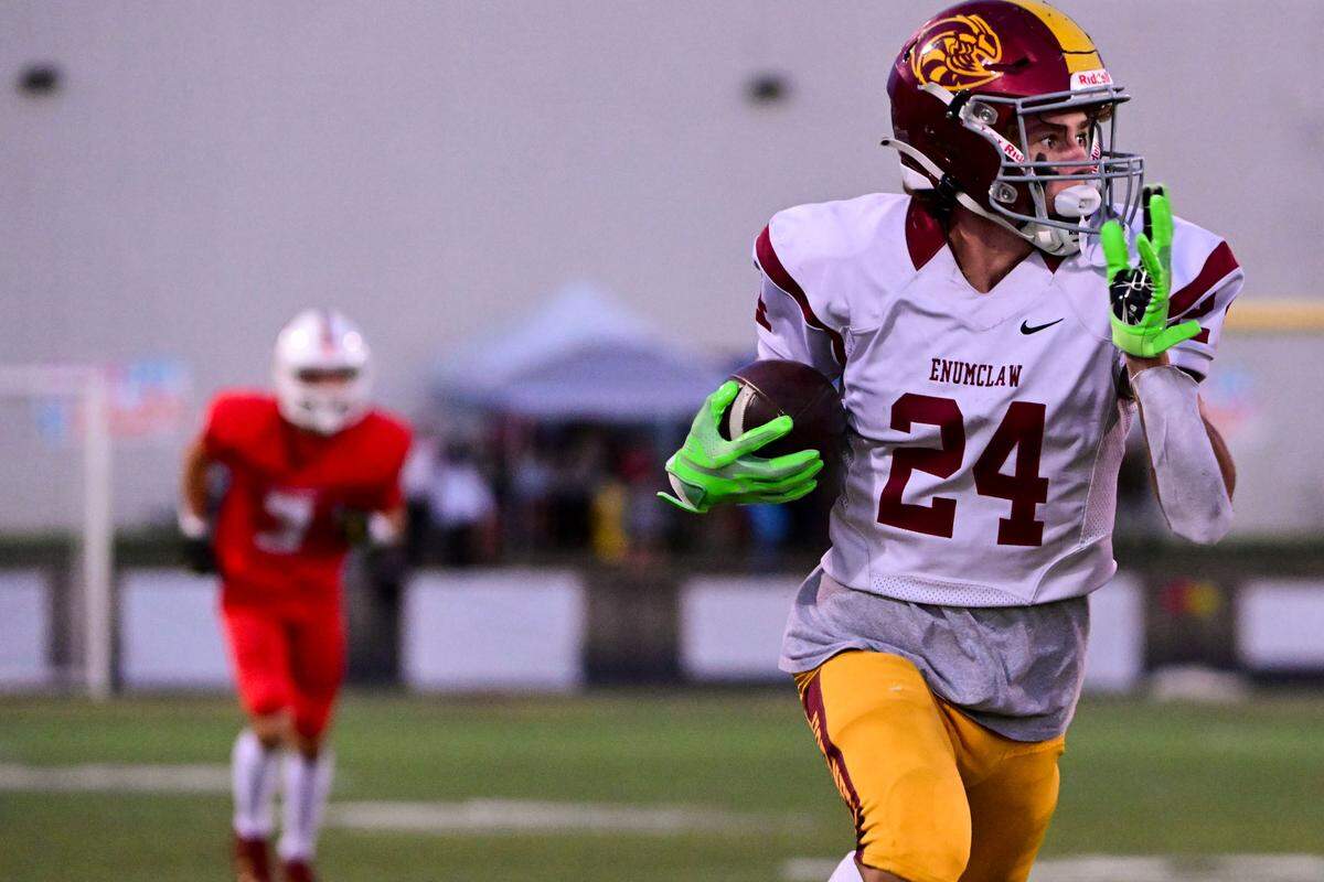 After intercepting a Steilacoom pass, Enumclaw’s Louis Chevalier (24) returns the ball for a touchdown during the second quarter of a 2A SPSL game on Friday, Sept. 15, 2023, in Steilacoom, Wash.