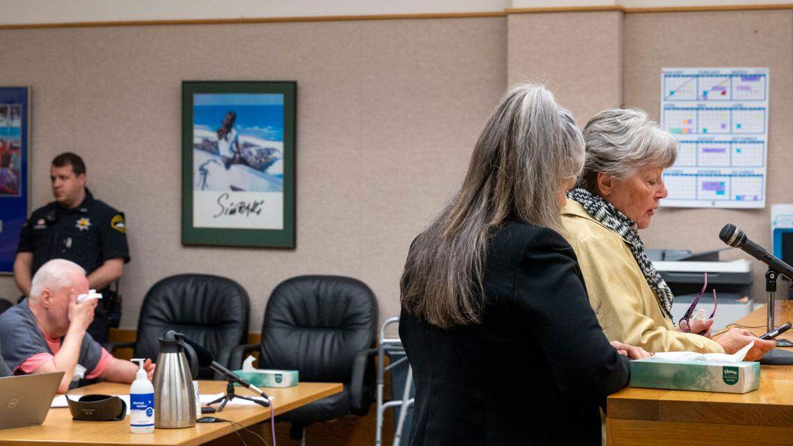 Barbara Leonard (right), mother of Michella Welch, makes a statement to Pierce County Superior Court Judge Stanley Rumbaugh prior to the judgement and sentencing of a distraught Gary Hartman during a bench trial on Tuesday, March 22, 2022, in Tacoma, Wash.