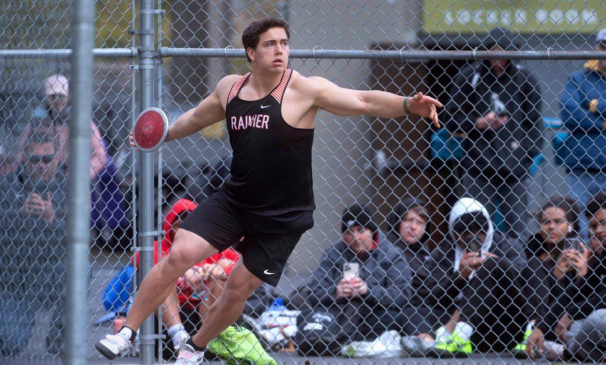 Rainier’s Jeremiah Nubbe - one of the nation’s top-ranked discus throwers - competes in the South Sound Track & Field Classic at Sparks Stadium in Puyallup. Washington, on Saturday, April 16, 2022.