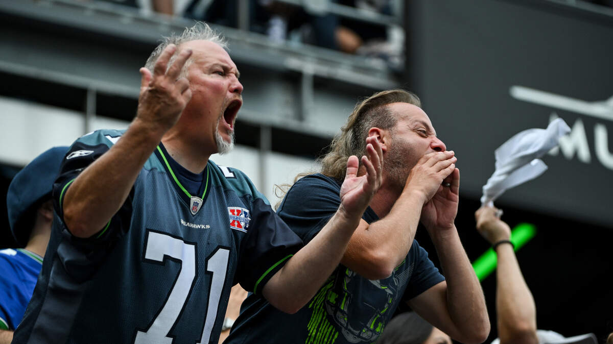 Seattle Seahawks fans jeer during a Los Angeles Rams’s 4th and 1 attempt that resulted in a touchdown during the fourth quarter of the NFL game at Lumen Field, Sunday, Sept. 10, 2023, Seattle, Wash.