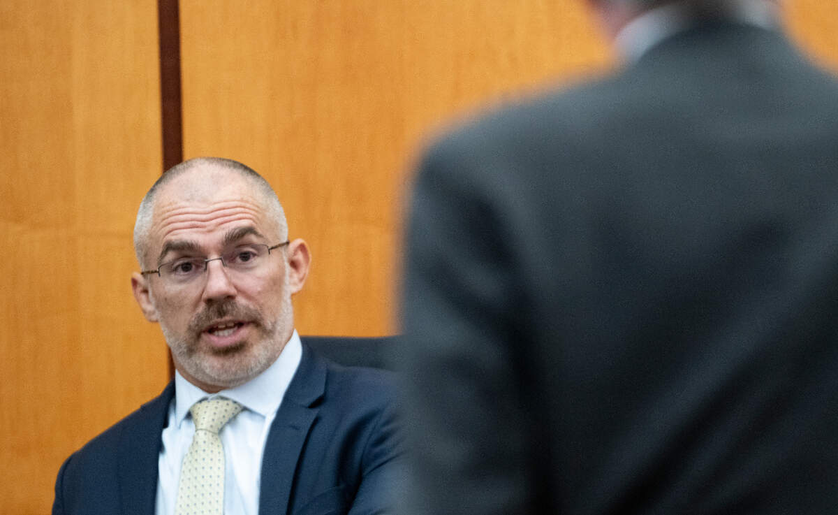 Chris Nielsen, a use-of-force expert&nbsp;and law enforcement officer, testifies under examination by defense attorney Wayne Fricke during the trial of three Tacoma Police officers in the killing of Manny Ellis at Pierce County Superior Court, Monday, Nov. 27, 2023, in Tacoma.