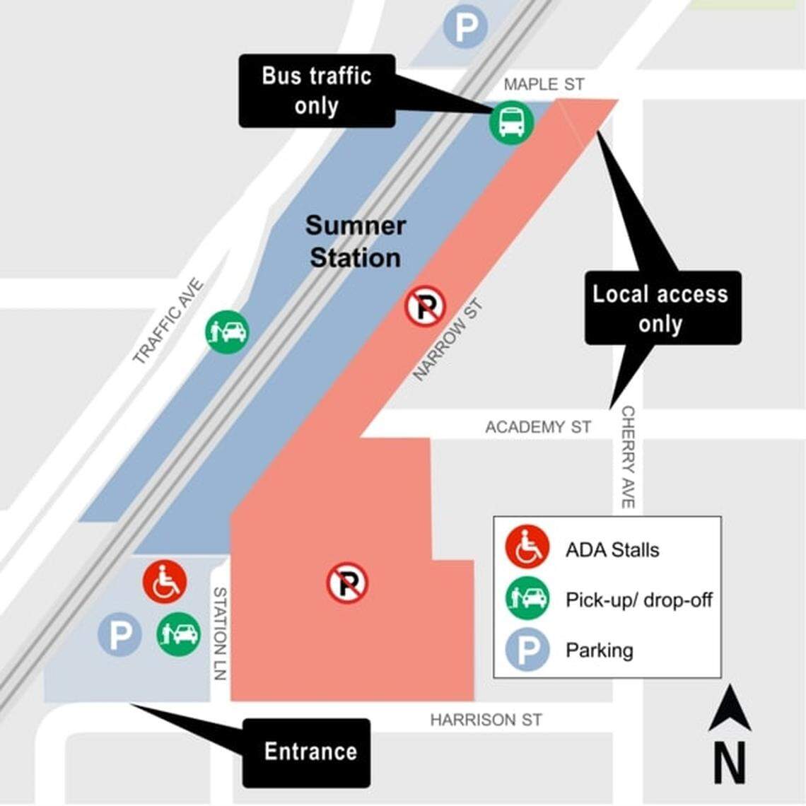Sound Transit’s contractor will close about 190 parking stalls Saturday, Feb. 17, 2024, at the Sumner Station to make room for construction. The stalls will be inaccessible for about two years.