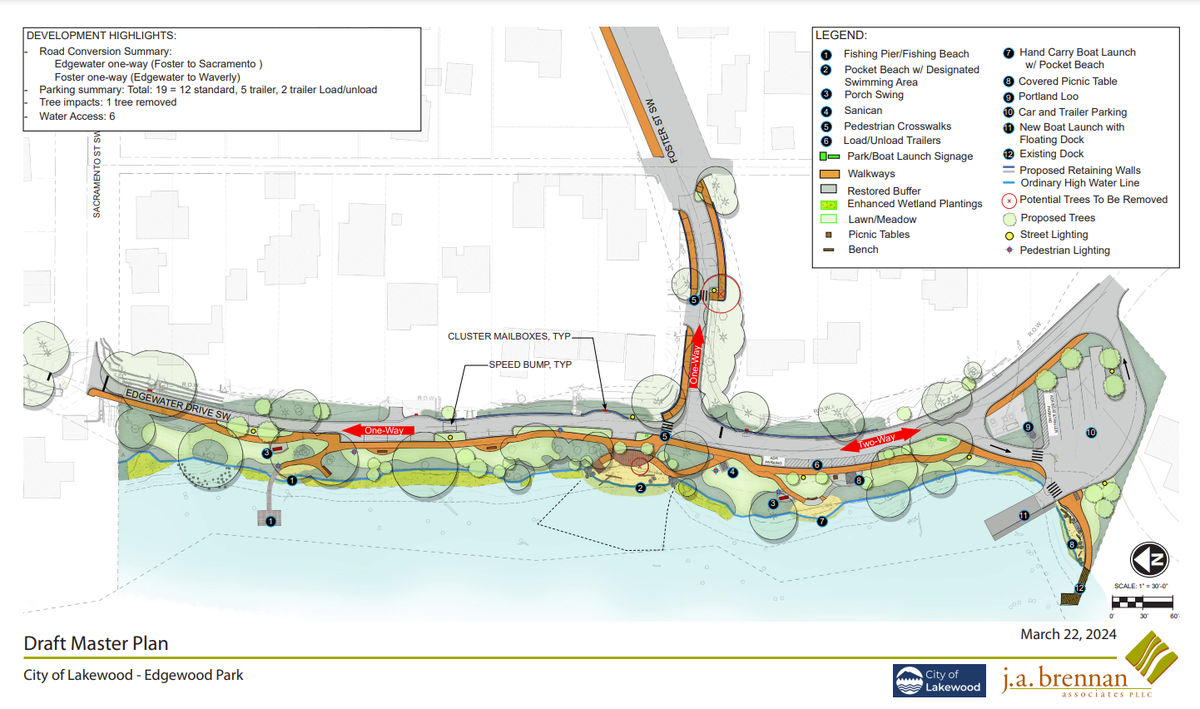A draft master plan of Edgewater Park in Lakewood proposes adding a fishing pier, swimming areas, new parking lot, new boat launch among other improvements to the public Lake Steilacoom access point.