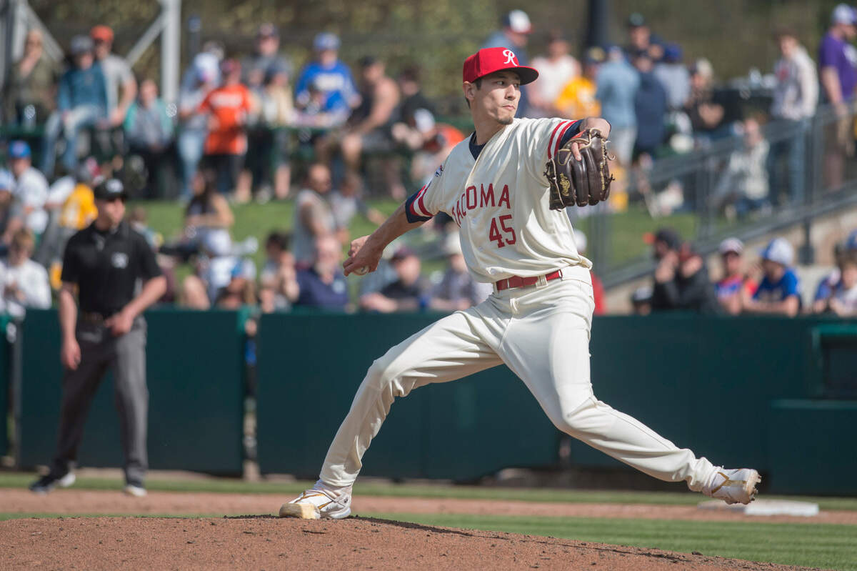 Tacoma Rainiers reliever Riley O’Brien throws a pitch against the Sugar Land Space Cowboys on Sunday, April 24, 2022 at Cheney Stadium in Tacoma, Wash.