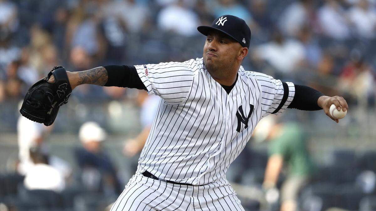 New York Yankees relief pitcher Nestor Cortes Jr. throws against the Toronto Blue Jays during the ninth inning of a baseball game, Sunday, Sept. 22, 2019, in New York.