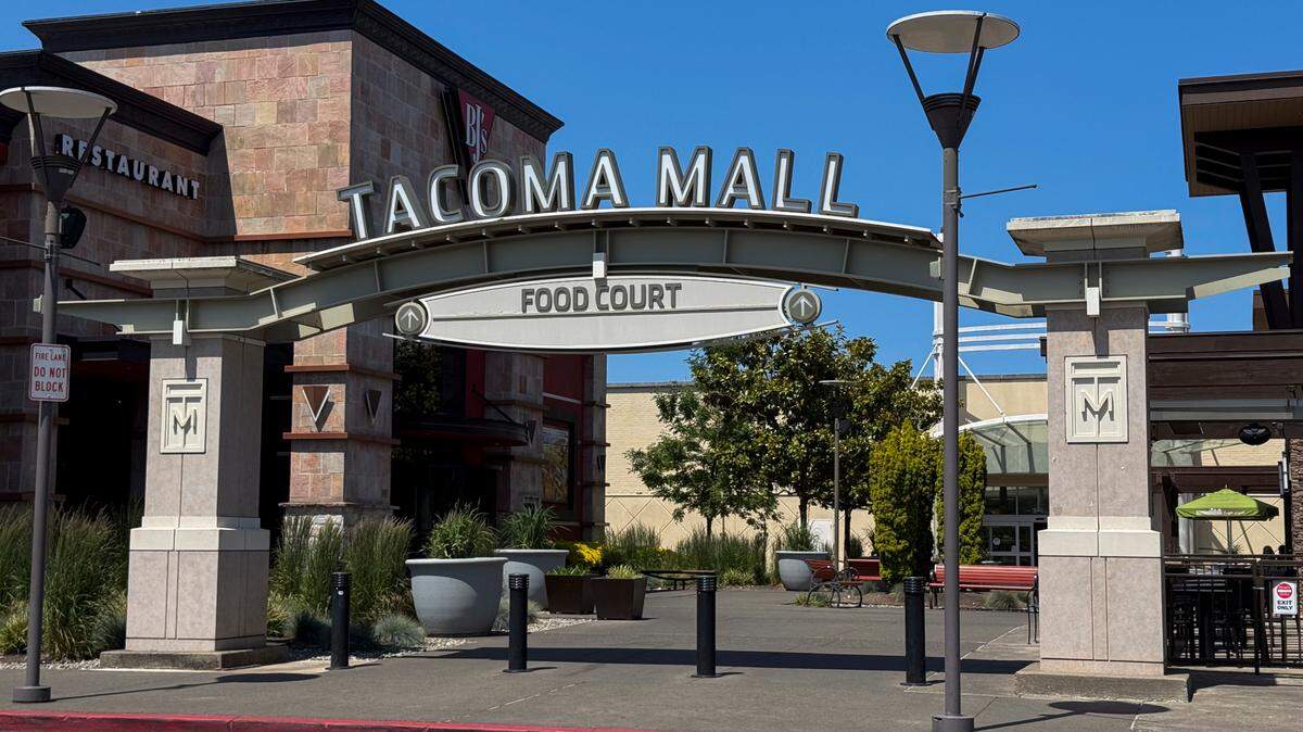 The Tacoma Mall Food Court entrance, seen June 3, 2025. Taco Street is the newest addition to the collection of Food Court vendors.