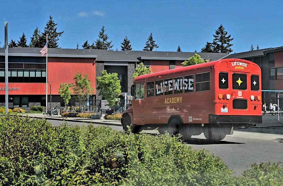 A LifeWise bus at Swift Water Elementary on Wednesday, April 29, 2026, in Gig Harbor, Wash.