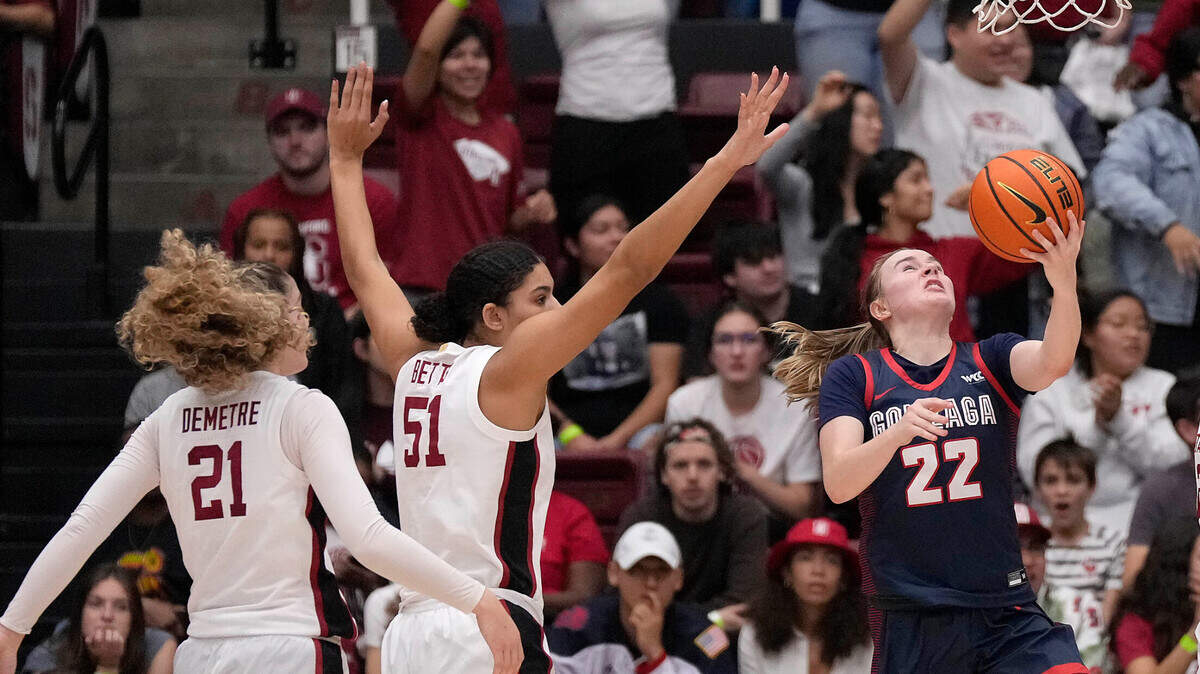 Gonzaga guard Brynna Maxwell (22) drives to the basket against Stanford’s Lauren Betts (51) and Brooke Demetre (21) during the second half of an NCAA college basketball game in Stanford, Calif., Sunday, Dec. 4, 2022. (AP Photo/Tony Avelar)