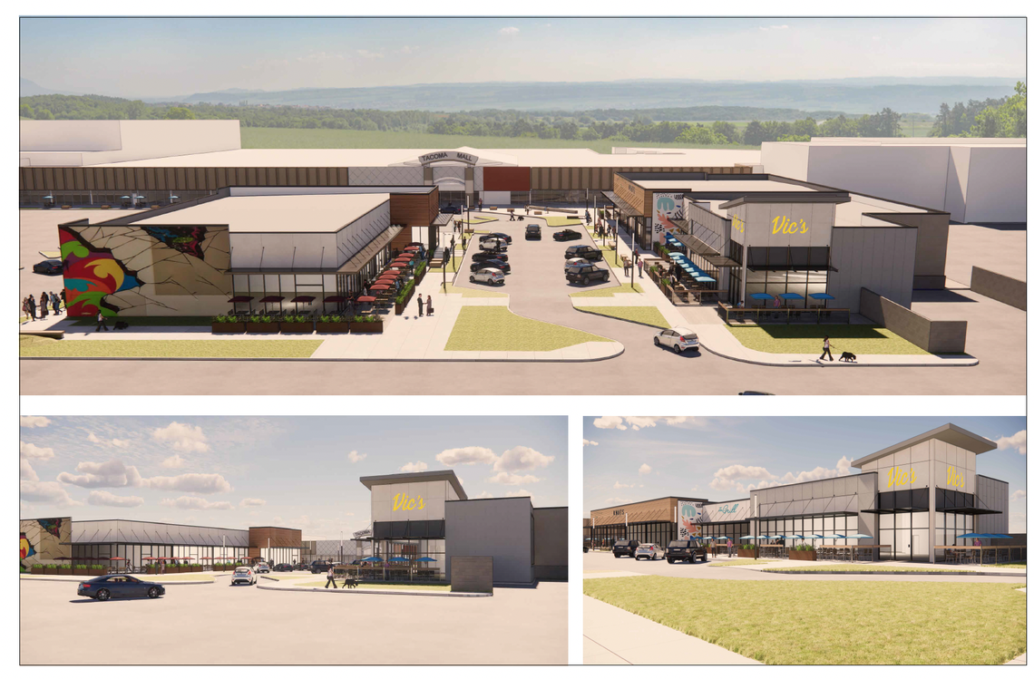 Architectural renderings submitted to the City of Tacoma envision two new buildings for restaurants at the Tacoma Mall.