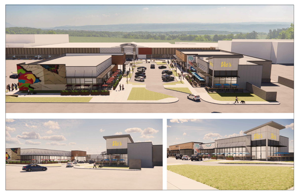 Architectural renderings submitted to the City of Tacoma envision two new buildings for restaurants at the Tacoma Mall.
