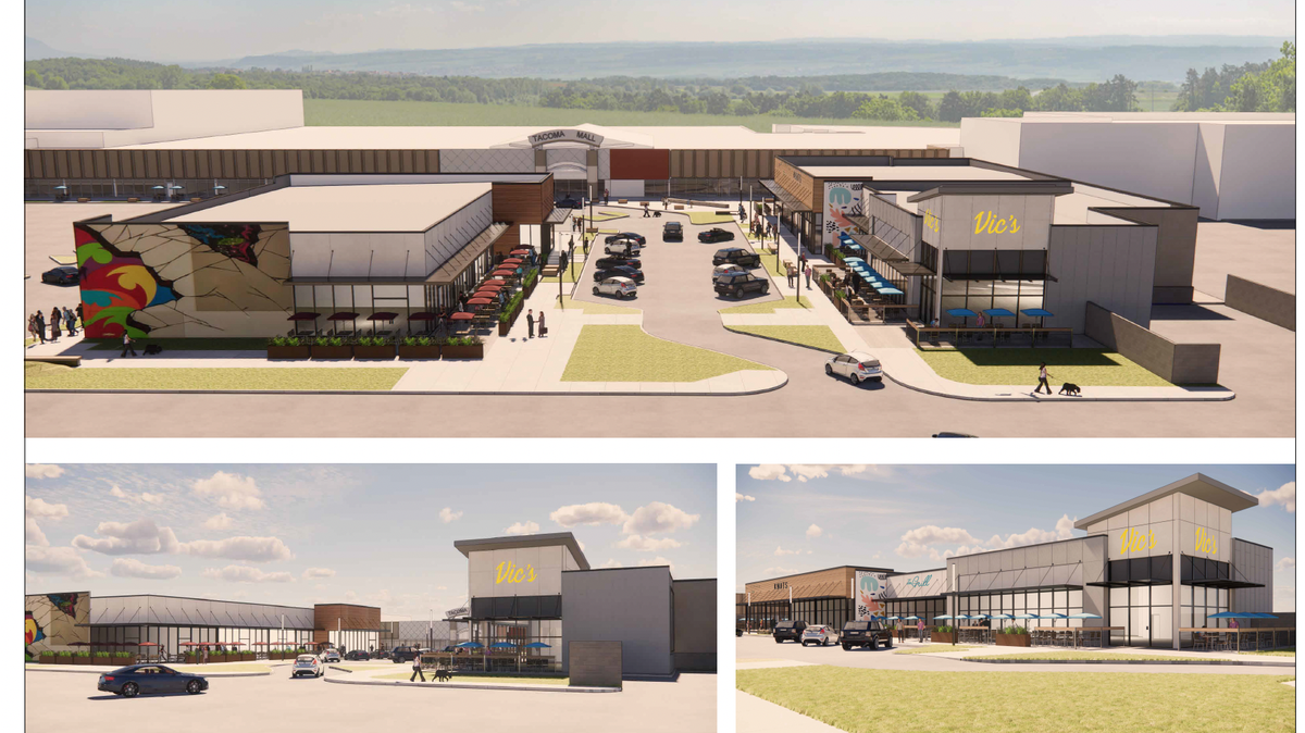 Architectural renderings submitted to the City of Tacoma envision two new buildings for restaurants at the Tacoma Mall.