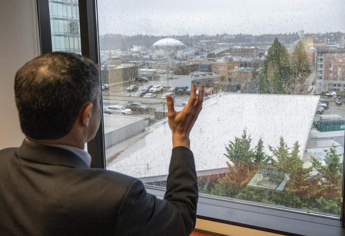 The Tacoma Dome is visible from the offices of Pierce County Executive Ryan Mello at the county's new administration building on Wednesday, March 4, 2026, in Tacoma, Wash.