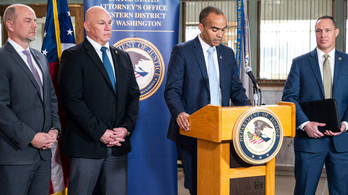 U.S. Attorney of the Western District of Washington Nick Brown speaks at a press conference about the conclusion of a months long investigation into an international drug trafficking conspiracy, with the indictments of 27 men allegedly tied to Pierce County, white supremacist prison gangs and Mexican cartels, at the United States District Courthouse in Tacoma, Wash. on March 27, 2023.