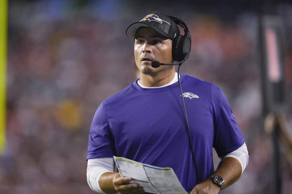 Baltimore Ravens defensive coordinator Mike Macdonald watches during the first half of the team’s NFL preseason football game against the Washington Commanders on Aug. 21, 2023, in Landover, Md. On Jan. 12, 2024, the Atlanta Falcons made Macdonald, a former University of Georgia assistant, their first interview in their search to replace fired coach Arthur Smith.