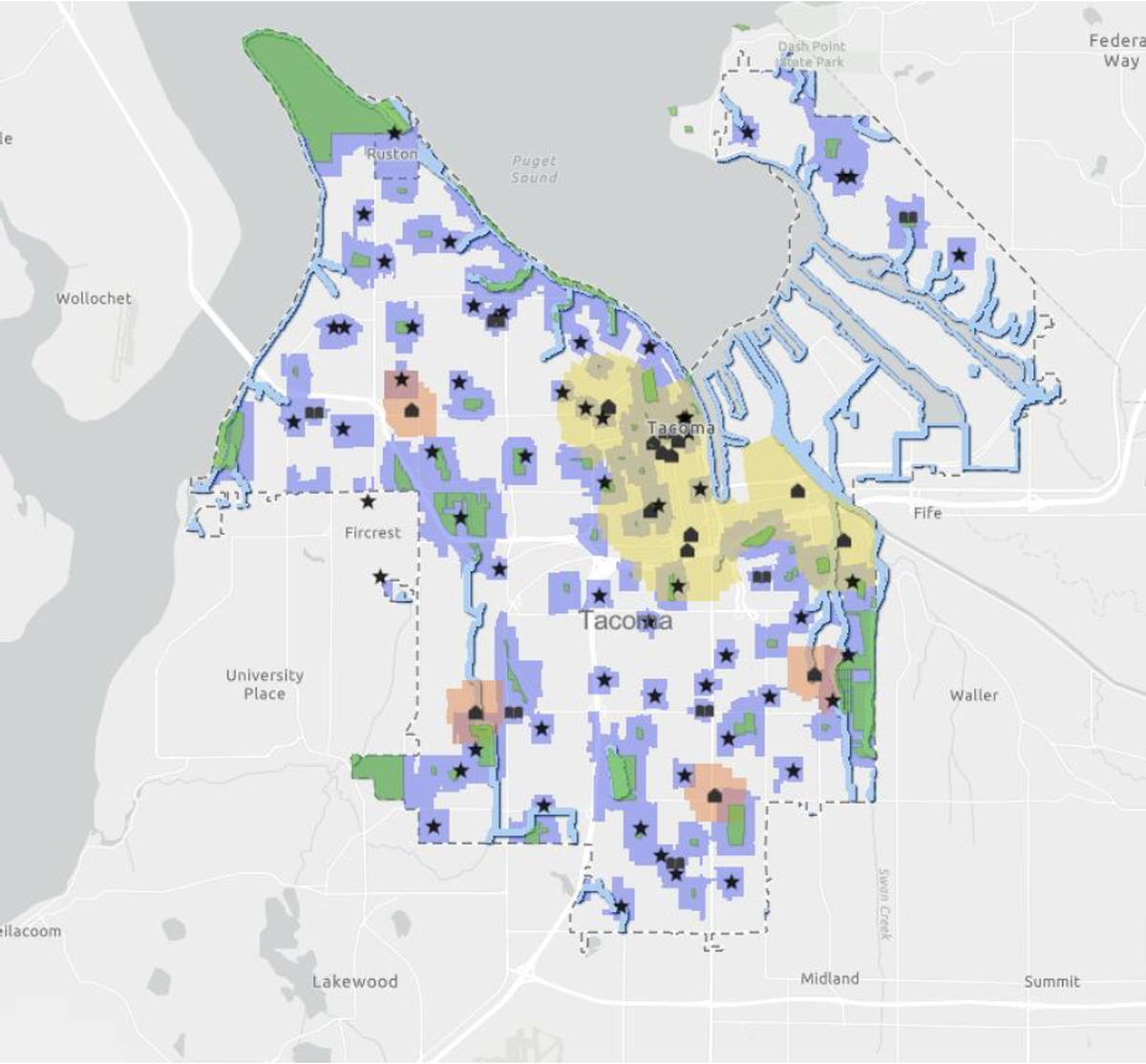 Map of proposed no-camping buffer zones. Yellow: 10 blocks from temporary or emergency shelters in the “Downtown Zone.” Orange: Five blocks from temporary or emergency shelters outside of the “Downtown Zone.” Purple: two blocks from public schools (K-12), public parks and public libraries. Blue: 200 feet from protected waterways.
