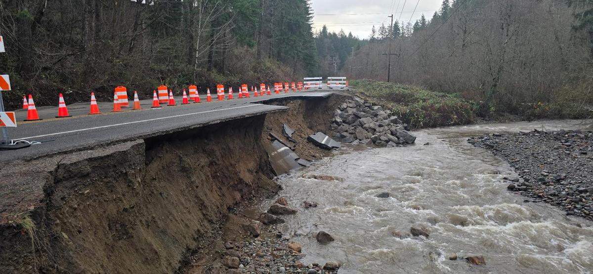 The eastbound lane of State Route 140 at milepost 26.6 near Boise Creek collapsed due to flooding in Pierce County and was pictured here on Dec. 15, 2025.