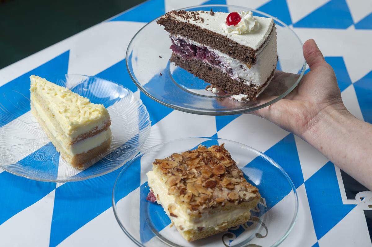 An array of desserts, including the Limoncello Mascarpone, left, Black Forest, above, and Bienenstich, are pictured at Bruno's European Restaurant on Wednesday, Oct. 8, 2025, in Lakewood, Wash.