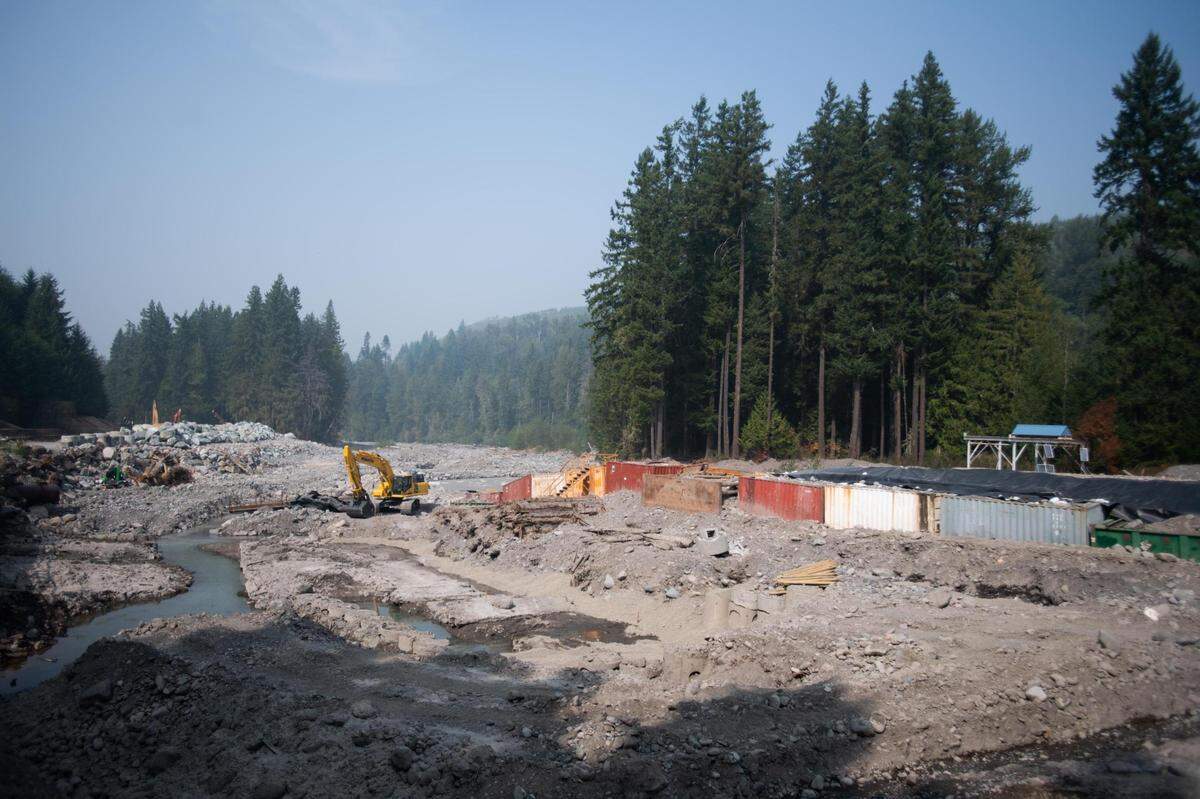 A general view of the construction site along the Puyallup River during a tour of the Electron Hydro’s dam improvement project in Orting, Wash., on Friday, Sept. 11, 2020.