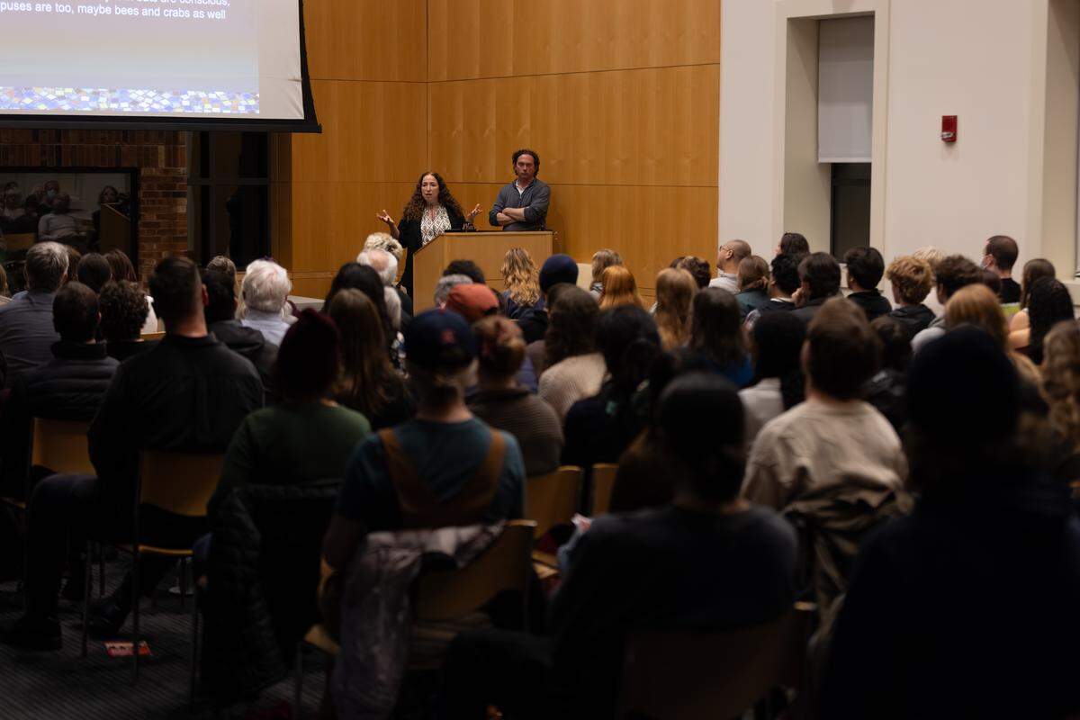University of Puget Sound philosophy professors Ariela Tubert and Justin Tiehen spoke to a large crowd on Nov. 13, 2025 about the ethics surrounding AI dating and the consciousness of artificial intelligence.