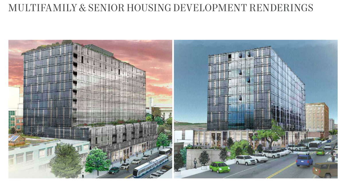 Renderings show a multi-story site that could go in place of the current garage.