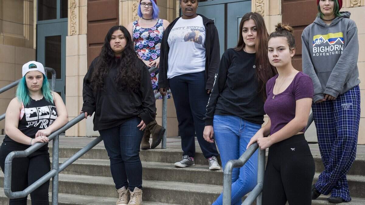 From left: Meredith Trylch, Britney Tomokane, Juliet Larsen, Jazzmin Spice, Hailey Heath, Kaylie Haven, and Kori Hill are protesting the dress code, which they claim is sexist, at Puyallup High School. Photographed in Puyallup, Wash., on Thursday, May 18, 2017.