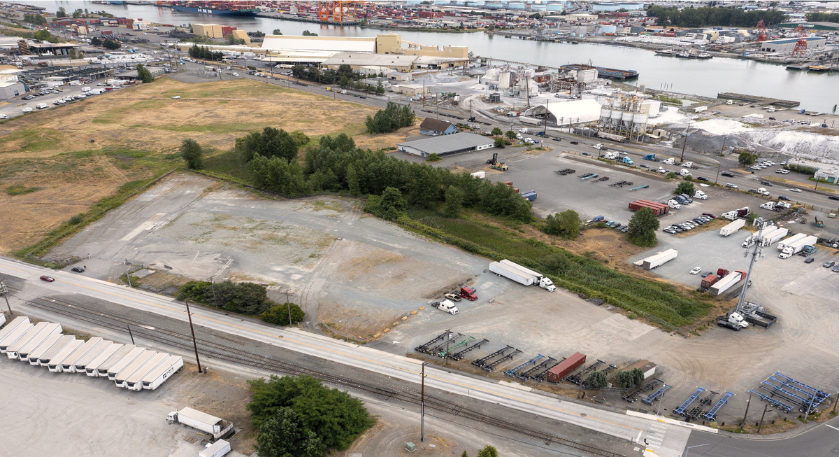 An aerial showing the proposed site for a new cold storage and processing facility on Port of Tacoma property, 1221-1225 E. Alexander Ave.