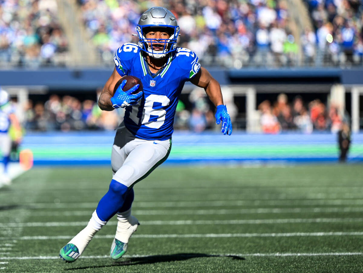 Seattle Seahawks wide receiver Tyler Lockett (16) runs down field after a catch during the first quarter of the game against the Cleveland Browns at Lumen Field, Sunday, Oct. 29, 2023, in Seattle, Wash.