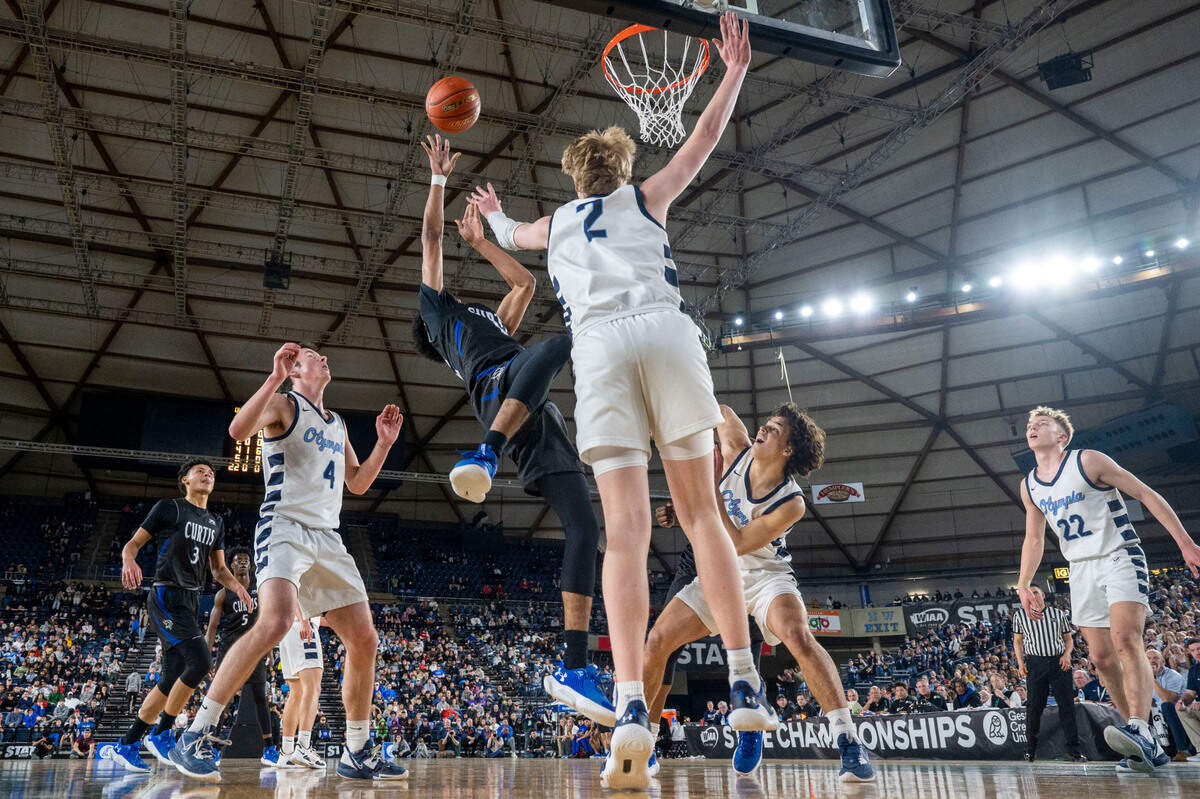 Curtis guard Cinque Maxwell (12) attempts a fall-away shot as Olympia forward Andreas Engholm (2) defends during the first quarter of the Class 4A championship game on Saturday, March 4, 2023, in Tacoma, Wash.