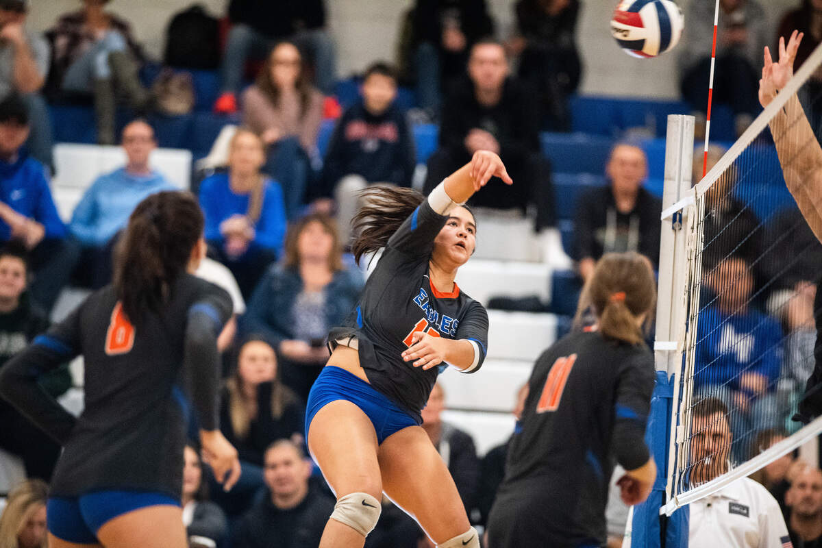 Graham Kapowsin’s Hailey Brockway goes up for a spike during the second set. Graham-Kapowsin played Emerald Ridge in the 4A West Central District Final at Curtis High School in Tacoma, Wash., on Saturday, Nov. 16, 2019.