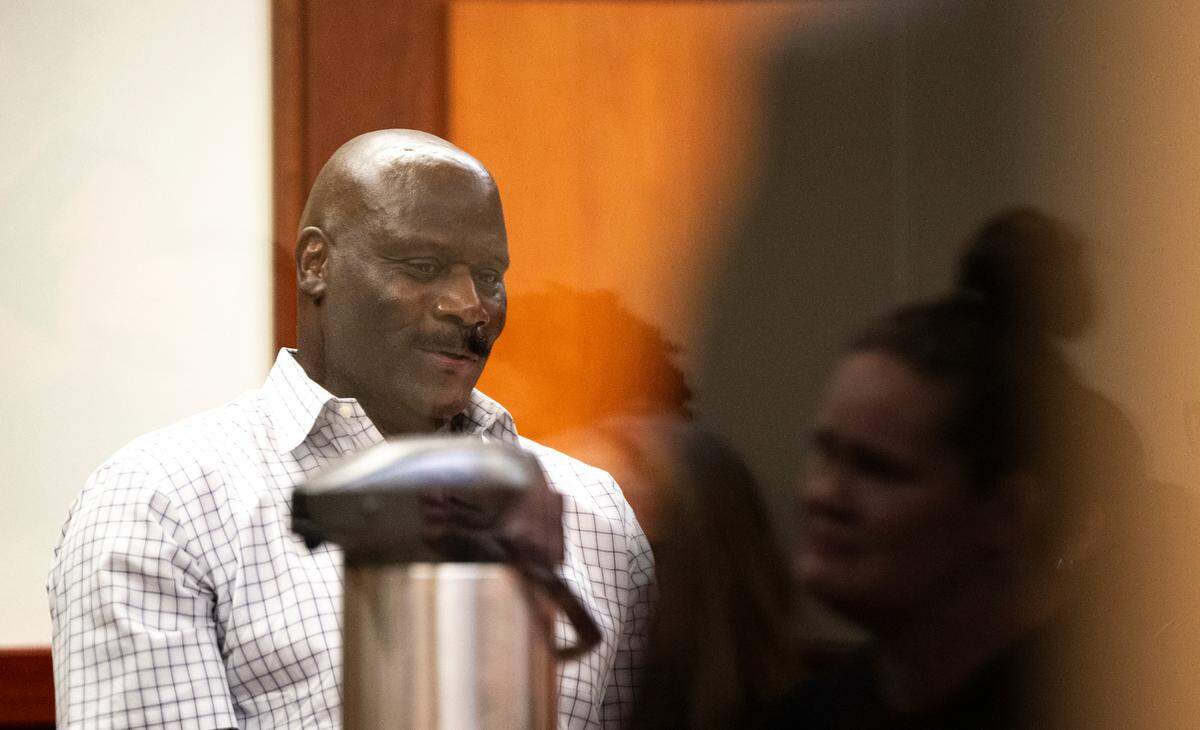Dennis Brown, father of victim Jordan Brown, gives an emotional statement during the sentencing of Marshon Jones and Montrell Hatfield at the Pierce County Superior Court, on Friday, Feb. 23, 2024 in Tacoma, Washington. Jones and Hatfield received 25 years for the murder and robbery charges.