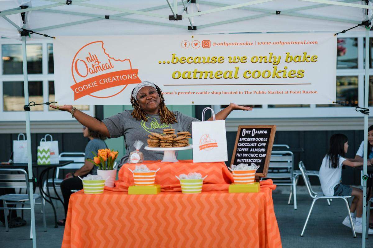 After sharing with friends and family for a decade, Karina Blasco took her business Only Oatmeal Cookie Creations to the Tacoma Farmers Market starting in 2011. In 2020, she became one of a few anchor tenants at the Waterfront Market in Ruston.