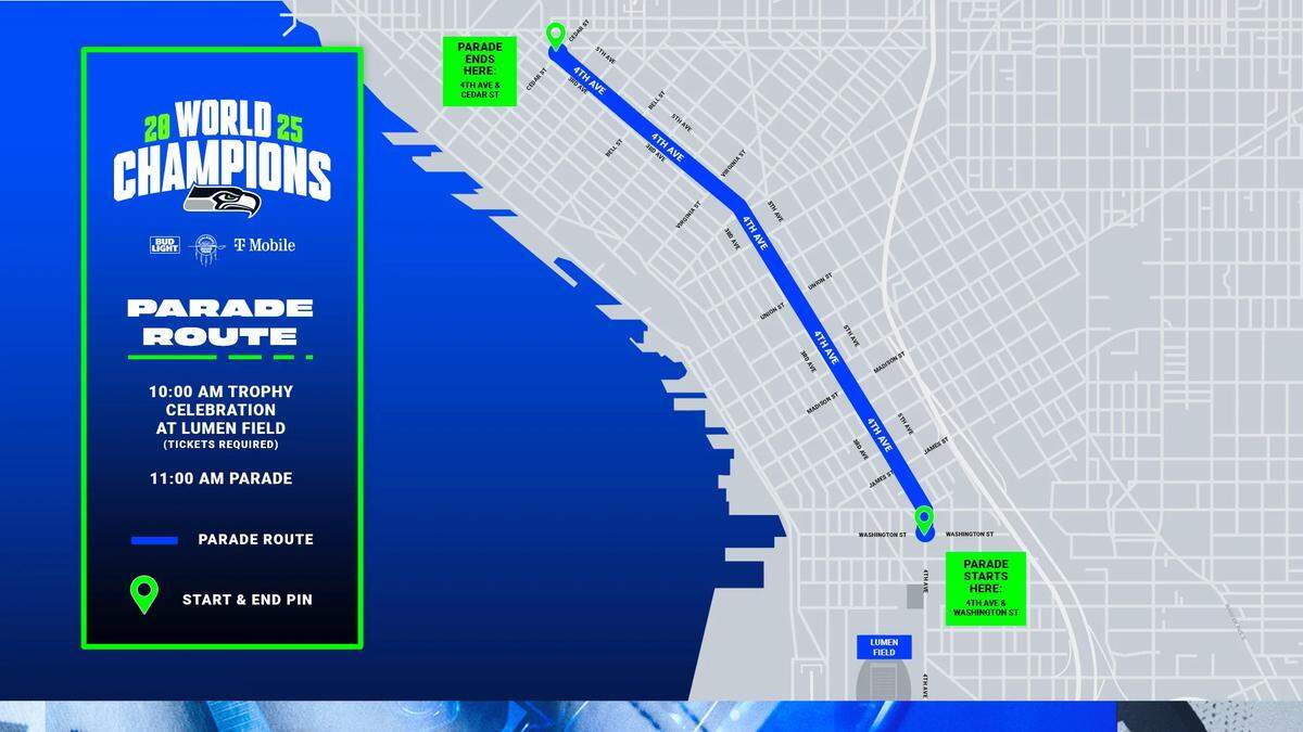 A map shows the route of the Seahawks World Champions Parade on Wednesday, Feb. 11, 2026.