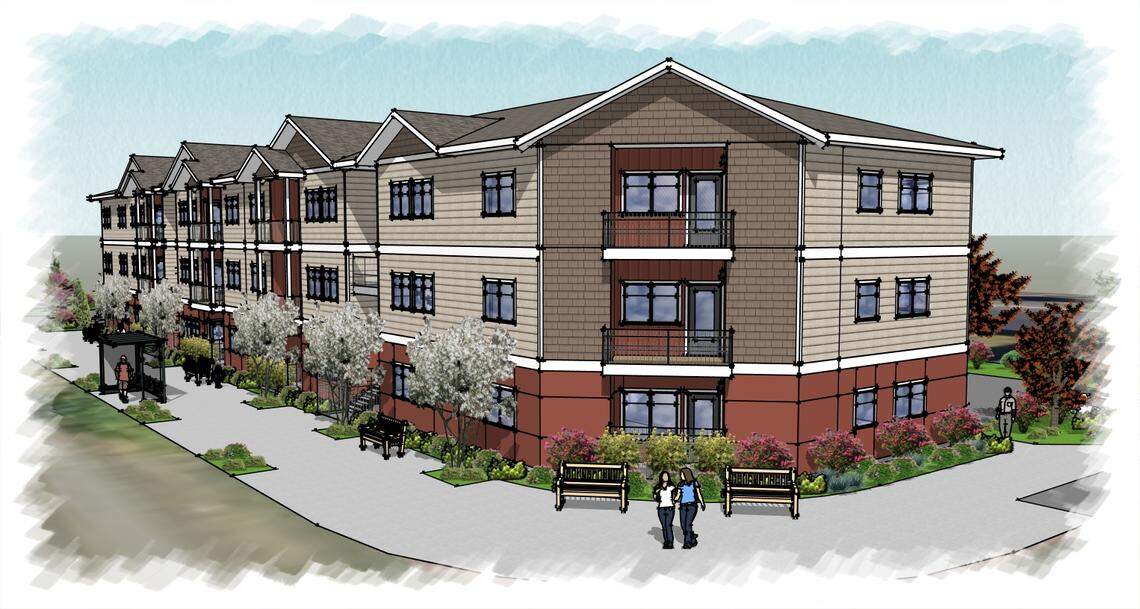 A rendering shows Huber Properties LLC’s plans to build apartments at 201 Fifth Ave. NE in downtown Puyallup.