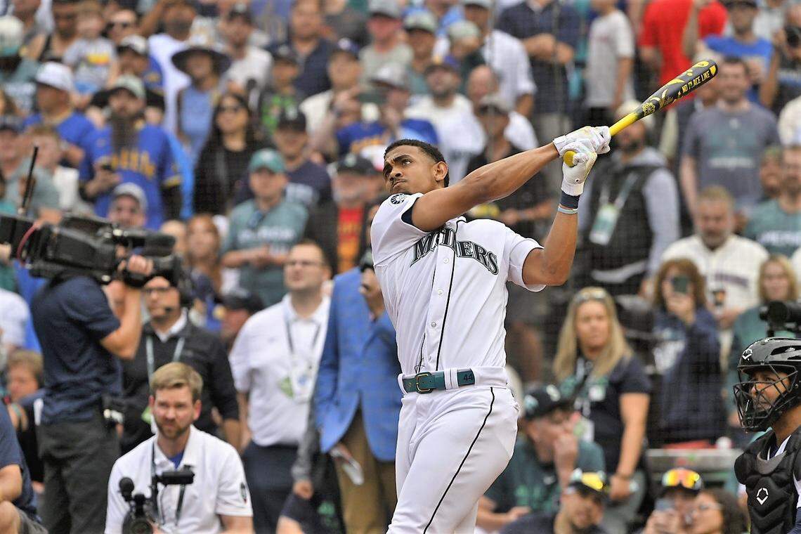 Julio Rodriguez in the first round of the 2023 MLB Home Run Derby at T-Mobile Park in Seattle on Monday, July 10, 2023.