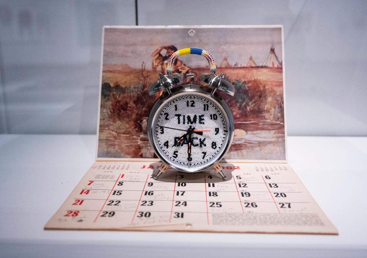 A view of a sculpture titled, “Time Back,” by artist Cynthia Masterson is on display as part of the ‘In the Spirit’ annual summer celebration of diverse Native American arts and culture at the Washington State History Museum in Tacoma, Wash. on Thursday, June 16, 2022.