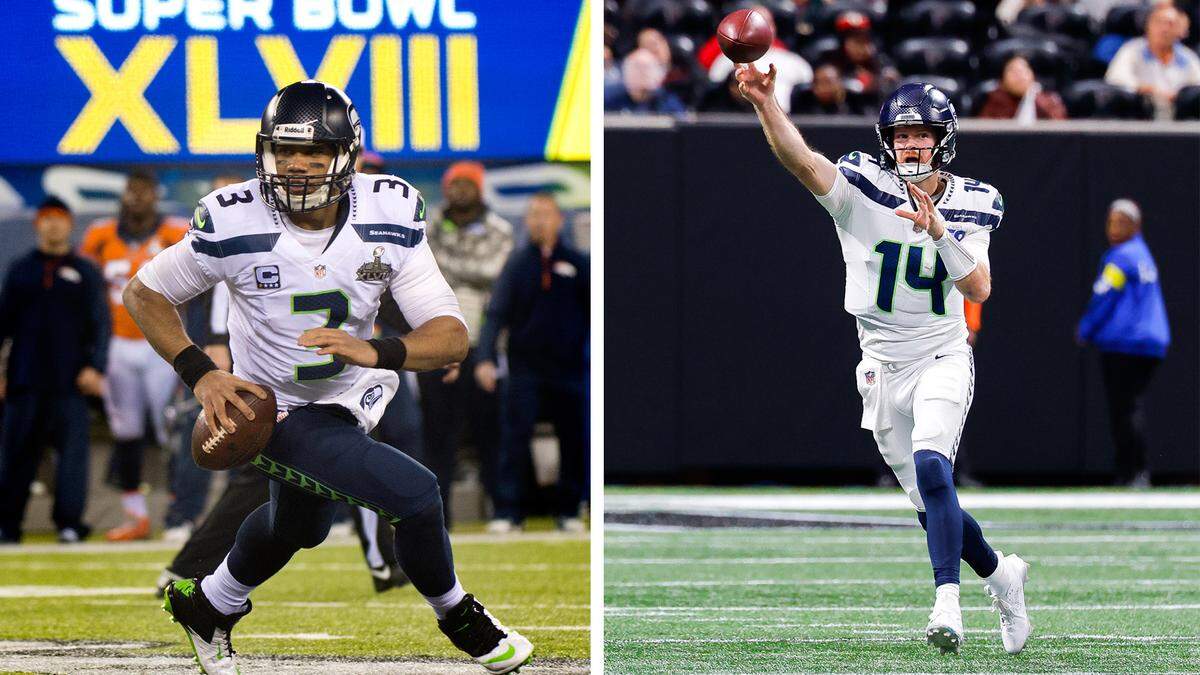 LEFT: Seahawks quarterback Russell Wilson rolls out of the pocket looking for a receiver in the first quarter during Super Bowl XLVIII at MetLife Stadium in East Rutherford, New Jersey, Feb. 2, 2014. The Seahawks beat the Broncos 43-8. (Joe Barrentine / The News Tribune archives) RIGHT: Sam Darnold (14) of the Seattle Seahawks throws a pass during the second quarter against the Atlanta Falcons at Mercedes-Benz Stadium on Dec. 7, 2025 in Atlanta. (Todd Kirkland / Getty Images)