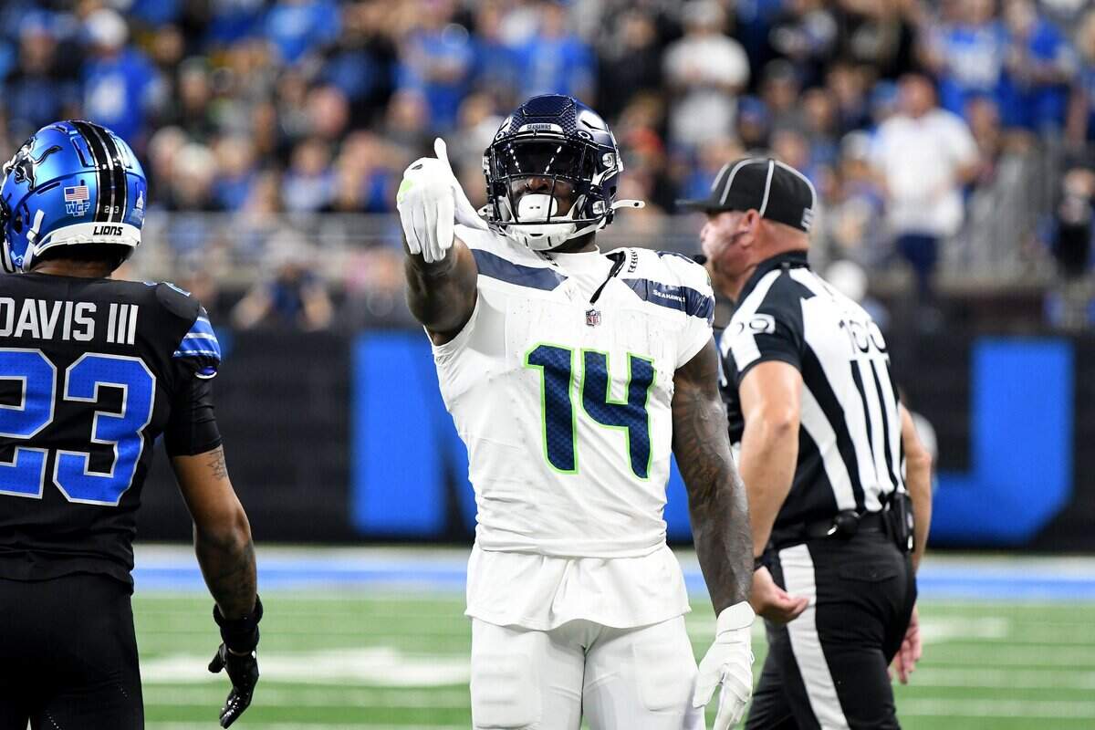 Seattle Seahawks wide receiver DK Metcalf (14) celebrates against the Detroit Lions in the first quarter at Ford Field, in Detroit, Mich. Mandatory Credit: Eamon Horwedel-Imagn Images